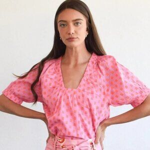 NWT size S Never A Wallflower pink 9 dot punch marakesh blouse top short slv‎
